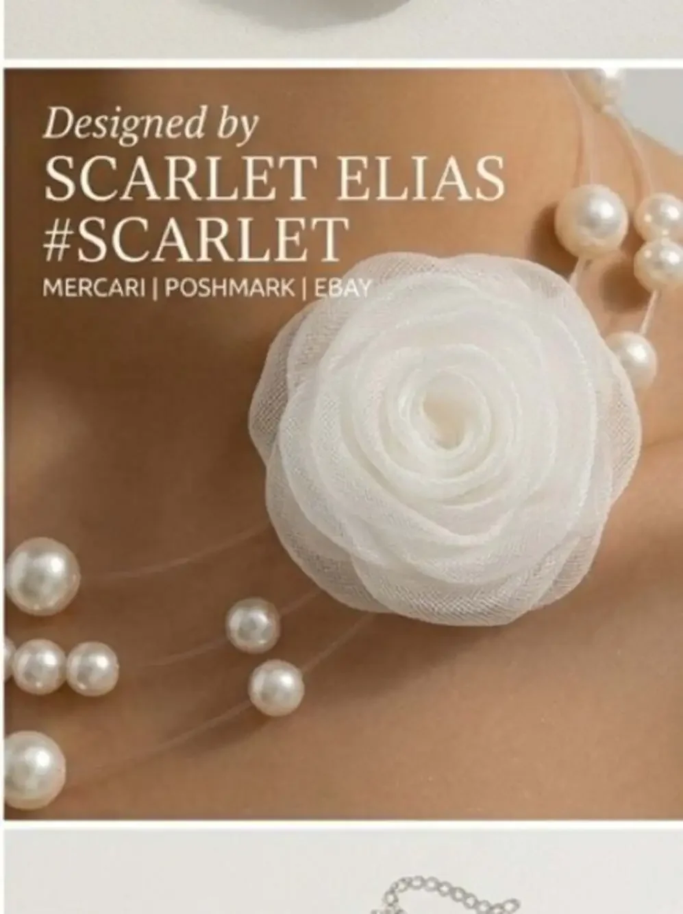 White Pearl Multi-Strand Choker Necklace with Fabric Rose Accent - Picture 3 of 3